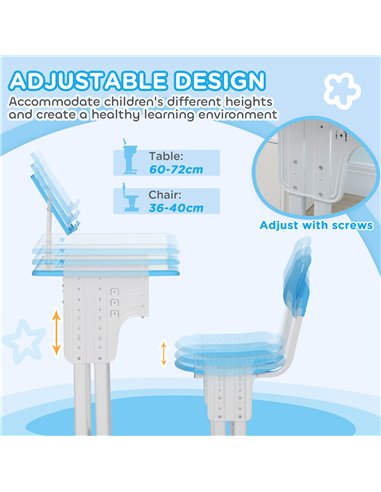 HOMCOM Kids Adjustable Desk and Chair Set, Book Stand, Pen Slot - Blue 312-061V00BU