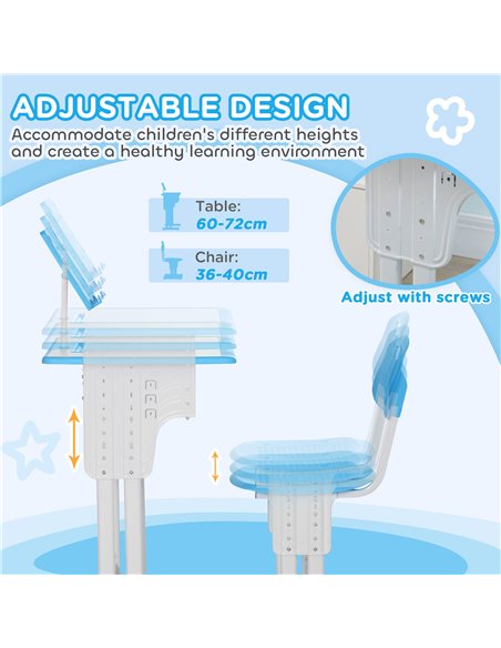 HOMCOM Kids Adjustable Desk and Chair Set, Book Stand, Pen Slot - Blue 312-061V00BU - pic 99304 | FastDaddyshop