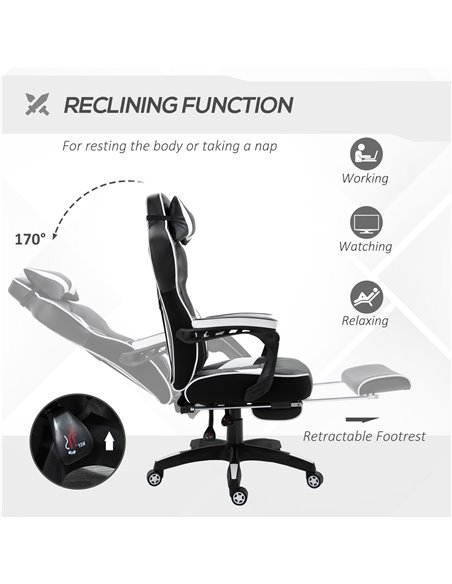 Vinsetto Ergonomic Racing Gaming Chair Office Desk Chair Adjustable Height Recliner with Wheels, Headrest, Lumbar Support, Retra - pic 9932 | FastDaddyshop