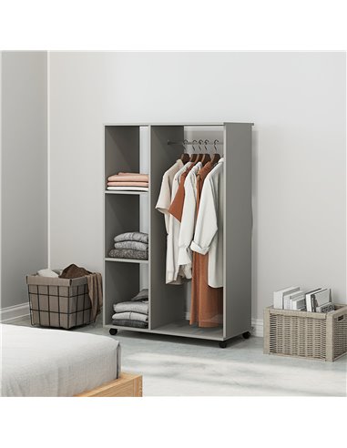 HOMCOM Open Wardrobe on Wheels with Clothes Rail, Bedroom Clothes Storage with Hanging Rod, 3 Storage Shelves, Mobile Garment Ra