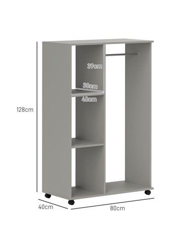 HOMCOM Open Wardrobe on Wheels with Clothes Rail, Bedroom Clothes Storage with Hanging Rod, 3 Storage Shelves, Mobile Garment Ra