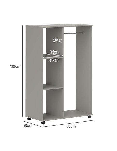 HOMCOM Open Wardrobe on Wheels with Clothes Rail, Bedroom Clothes Storage with Hanging Rod, 3 Storage Shelves, Mobile Garment Ra - pic 99427 | FastDaddyshop