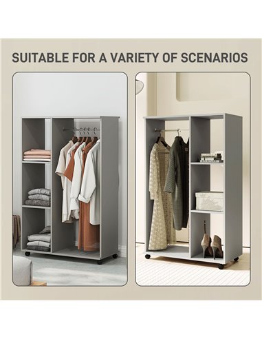 HOMCOM Open Wardrobe on Wheels with Clothes Rail, Bedroom Clothes Storage with Hanging Rod, 3 Storage Shelves, Mobile Garment Ra
