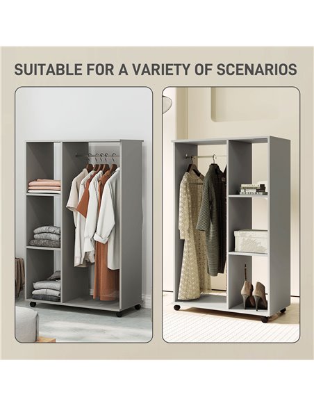 HOMCOM Open Wardrobe on Wheels with Clothes Rail, Bedroom Clothes Storage with Hanging Rod, 3 Storage Shelves, Mobile Garment Ra - pic 99428 | FastDaddyshop