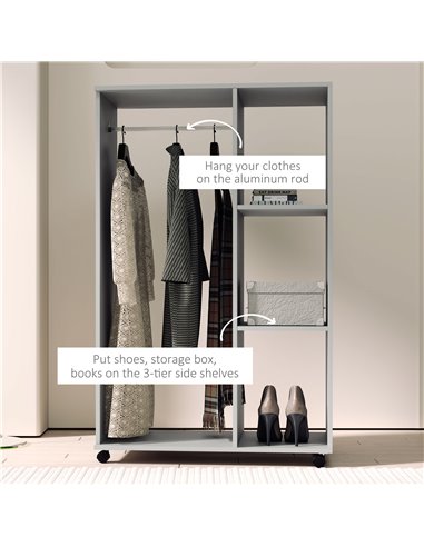 HOMCOM Open Wardrobe on Wheels with Clothes Rail, Bedroom Clothes Storage with Hanging Rod, 3 Storage Shelves, Mobile Garment Ra