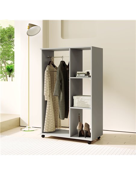 HOMCOM Open Wardrobe on Wheels with Clothes Rail, Bedroom Clothes Storage with Hanging Rod, 3 Storage Shelves, Mobile Garment Ra - pic 99432 | FastDaddyshop
