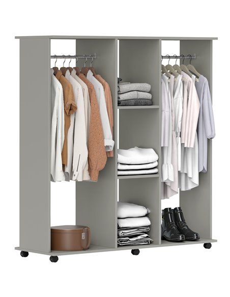 HOMCOM Double Open Wardrobe on Wheels, Bedroom Wardrobe with Clothes Hanging Rails, 3 Storage Shelves, Mobile Garment Rack for C - pic 99443 | FastDaddyshop