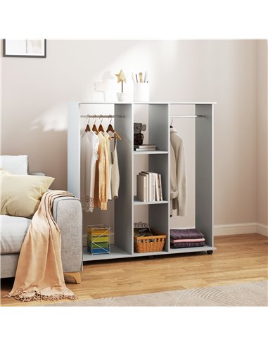 HOMCOM Double Open Wardrobe on Wheels, Bedroom Wardrobe with Clothes Hanging Rails, 3 Storage Shelves, Mobile Garment Rack for C