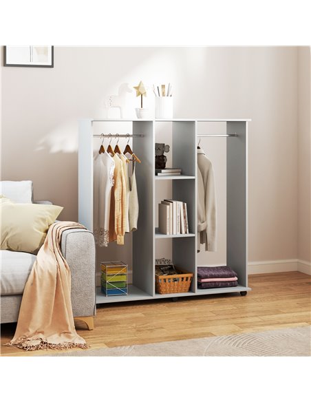 HOMCOM Double Open Wardrobe on Wheels, Bedroom Wardrobe with Clothes Hanging Rails, 3 Storage Shelves, Mobile Garment Rack for C - pic 99444 | FastDaddyshop