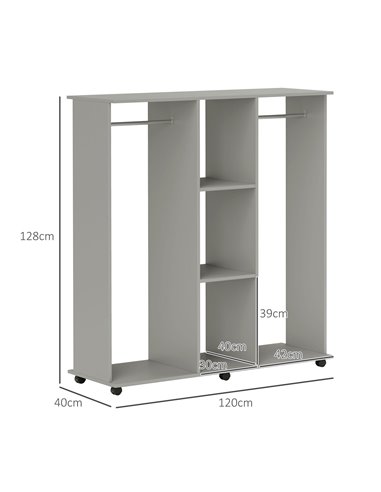 HOMCOM Double Open Wardrobe on Wheels, Bedroom Wardrobe with Clothes Hanging Rails, 3 Storage Shelves, Mobile Garment Rack for C