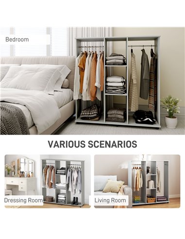 HOMCOM Double Open Wardrobe on Wheels, Bedroom Wardrobe with Clothes Hanging Rails, 3 Storage Shelves, Mobile Garment Rack for C
