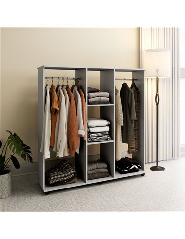 HOMCOM Double Open Wardrobe on Wheels, Bedroom Wardrobe with Clothes Hanging Rails, 3 Storage Shelves, Mobile Garment Rack for C