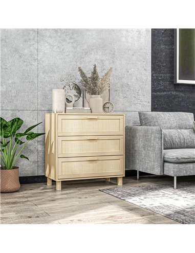 HOMCOM Rattan Bedroom Chest of Drawers, 3 Drawers Storage Unit, Boho Dresser for Living Room, Hallway, Natural 831-378