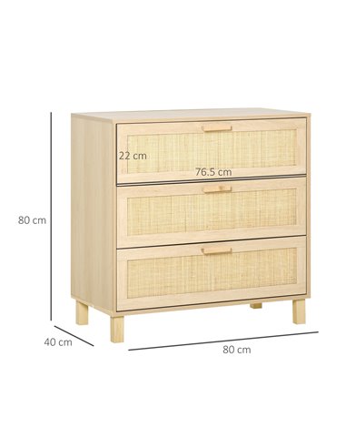 HOMCOM Rattan Bedroom Chest of Drawers, 3 Drawers Storage Unit, Boho Dresser for Living Room, Hallway, Natural 831-378