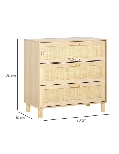 HOMCOM Rattan Bedroom Chest of Drawers, 3 Drawers Storage Unit, Boho Dresser for Living Room, Hallway, Natural 831-378 - pic 99454 | FastDaddyshop