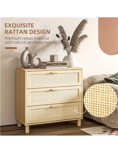 HOMCOM Rattan Bedroom Chest of Drawers, 3 Drawers Storage Unit, Boho Dresser for Living Room, Hallway, Natural 831-378