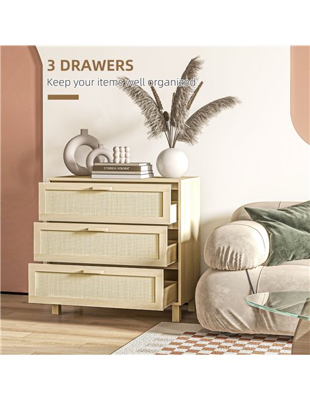 HOMCOM Rattan Bedroom Chest of Drawers, 3 Drawers Storage Unit, Boho Dresser for Living Room, Hallway, Natural 831-378 - pic 99456 | FastDaddyshop