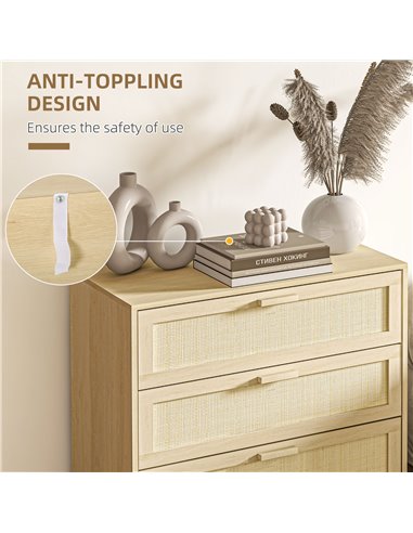 HOMCOM Rattan Bedroom Chest of Drawers, 3 Drawers Storage Unit, Boho Dresser for Living Room, Hallway, Natural 831-378