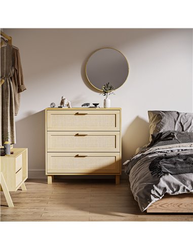 HOMCOM Rattan Bedroom Chest of Drawers, 3 Drawers Storage Unit, Boho Dresser for Living Room, Hallway, Natural 831-378