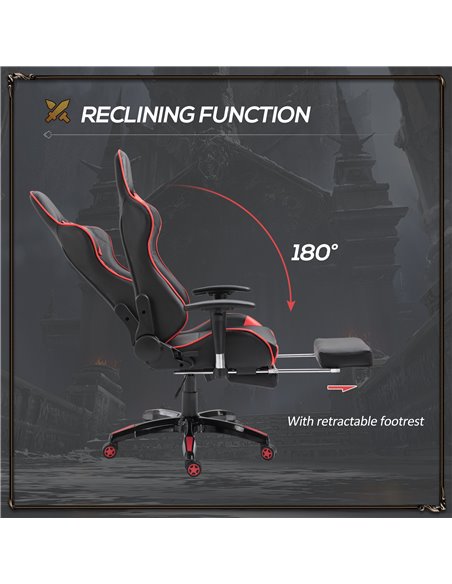 HOMCOM High-Back Gaming Chair Swivel Home Office Computer Racing Gamer Recliner Chair Faux Leather with Footrest, Wheels, Red Bl - pic 9948 | FastDaddyshop