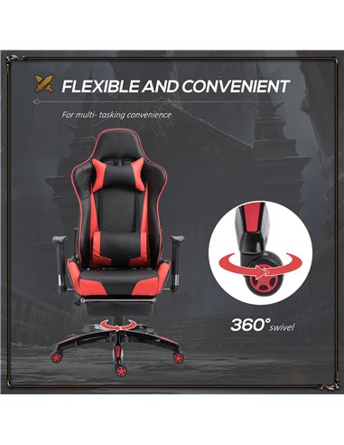 HOMCOM High-Back Gaming Chair Swivel Home Office Computer Racing Gamer Recliner Chair Faux Leather with Footrest, Wheels, Red Bl