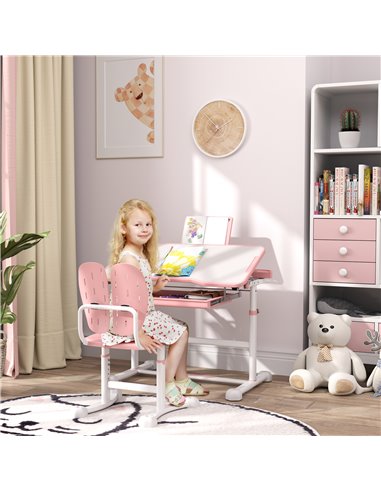 AIYAPLAY Height Adjustable Kids Desk and Chair Set, School Study Writing, Reading Table Chair Set w/ Tilted Desktop, Pink 312-12