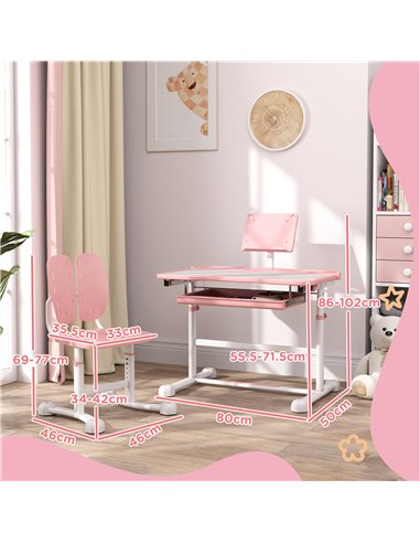 AIYAPLAY Height Adjustable Kids Desk and Chair Set, School Study Writing, Reading Table Chair Set w/ Tilted Desktop, Pink 312-12
