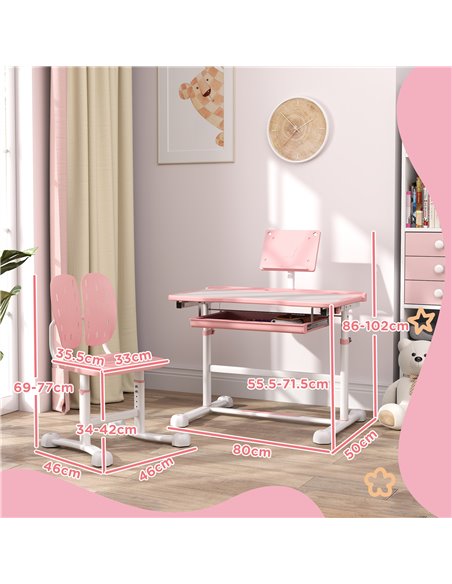 AIYAPLAY Height Adjustable Kids Desk and Chair Set, School Study Writing, Reading Table Chair Set w/ Tilted Desktop, Pink 312-12 - pic 99562 | FastDaddyshop