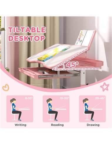 AIYAPLAY Height Adjustable Kids Desk and Chair Set, School Study Writing, Reading Table Chair Set w/ Tilted Desktop, Pink 312-12