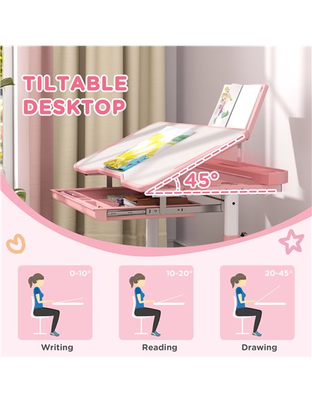 AIYAPLAY Height Adjustable Kids Desk and Chair Set, School Study Writing, Reading Table Chair Set w/ Tilted Desktop, Pink 312-12 - pic 99563 | FastDaddyshop