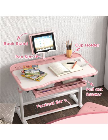 AIYAPLAY Height Adjustable Kids Desk and Chair Set, School Study Writing, Reading Table Chair Set w/ Tilted Desktop, Pink 312-12
