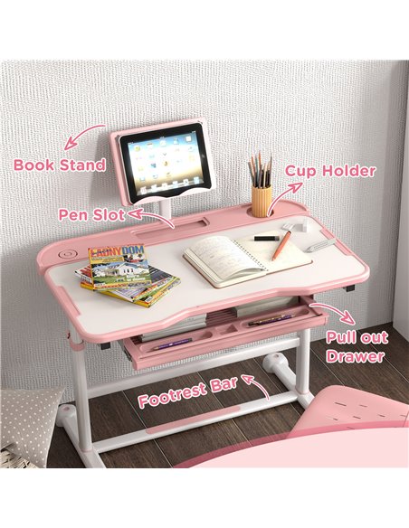 AIYAPLAY Height Adjustable Kids Desk and Chair Set, School Study Writing, Reading Table Chair Set w/ Tilted Desktop, Pink 312-12 - pic 99566 | FastDaddyshop