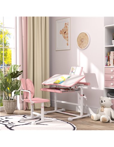 AIYAPLAY Height Adjustable Kids Desk and Chair Set, School Study Writing, Reading Table Chair Set w/ Tilted Desktop, Pink 312-12