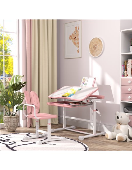 AIYAPLAY Height Adjustable Kids Desk and Chair Set, School Study Writing, Reading Table Chair Set w/ Tilted Desktop, Pink 312-12 - pic 99567 | FastDaddyshop