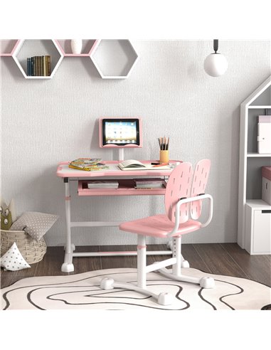 AIYAPLAY Height Adjustable Kids Desk and Chair Set, School Study Writing, Reading Table Chair Set w/ Tilted Desktop, Pink 312-12
