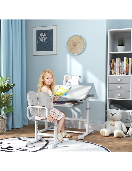 AIYAPLAY Height Adjustable Kids Desk and Chair Set, School Study Writing, Reading Table Chair Set w/ Tilted Desktop, Grey 312-12 - pic 99570 | FastDaddyshop