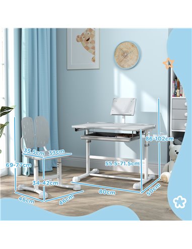 AIYAPLAY Height Adjustable Kids Desk and Chair Set, School Study Writing, Reading Table Chair Set w/ Tilted Desktop, Grey 312-12