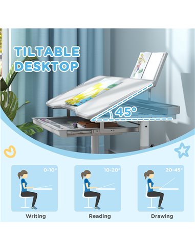 AIYAPLAY Height Adjustable Kids Desk and Chair Set, School Study Writing, Reading Table Chair Set w/ Tilted Desktop, Grey 312-12