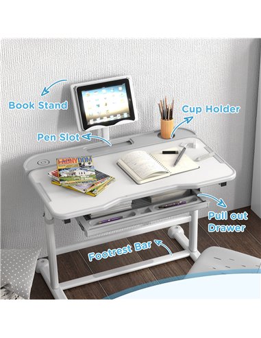 AIYAPLAY Height Adjustable Kids Desk and Chair Set, School Study Writing, Reading Table Chair Set w/ Tilted Desktop, Grey 312-12