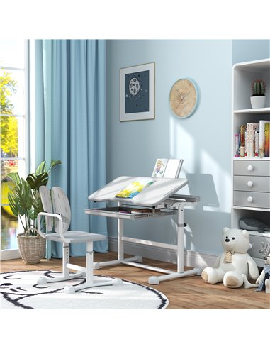 AIYAPLAY Height Adjustable Kids Desk and Chair Set, School Study Writing, Reading Table Chair Set w/ Tilted Desktop, Grey 312-12