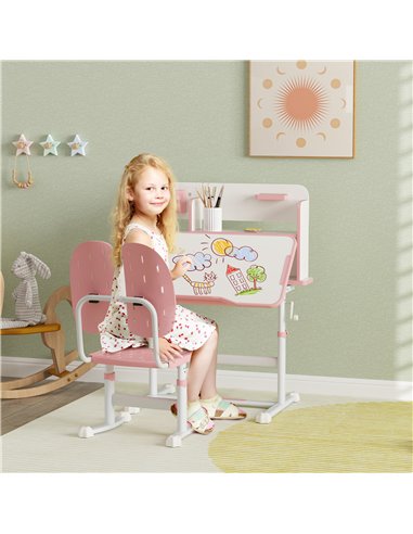 AIYAPLAY Height Adjustable Kids Desk and Chair Set, Children School Study Desk with Tiltable Desktop, Reading Rack,  Pink 312-12