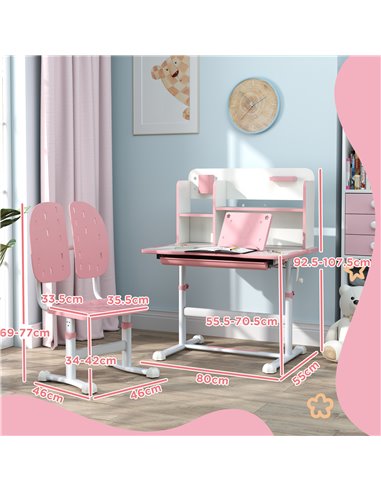 AIYAPLAY Height Adjustable Kids Desk and Chair Set, Children School Study Desk with Tiltable Desktop, Reading Rack,  Pink 312-12