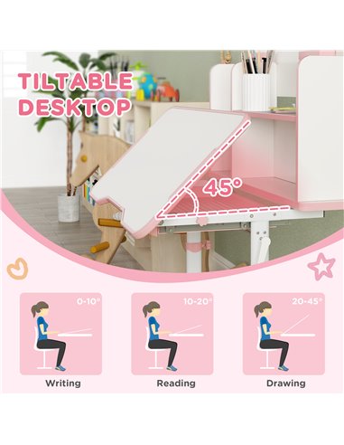 AIYAPLAY Height Adjustable Kids Desk and Chair Set, Children School Study Desk with Tiltable Desktop, Reading Rack,  Pink 312-12