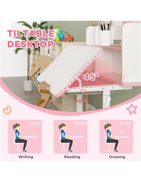 AIYAPLAY Height Adjustable Kids Desk and Chair Set, Children School Study Desk with Tiltable Desktop, Reading Rack,  Pink 312-12 - pic 99581 | FastDaddyshop
