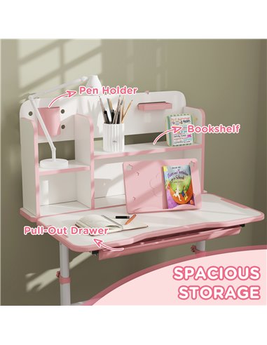 AIYAPLAY Height Adjustable Kids Desk and Chair Set, Children School Study Desk with Tiltable Desktop, Reading Rack,  Pink 312-12