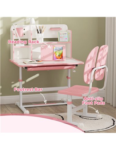 AIYAPLAY Height Adjustable Kids Desk and Chair Set, Children School Study Desk with Tiltable Desktop, Reading Rack,  Pink 312-12
