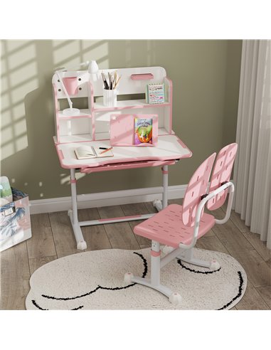 AIYAPLAY Height Adjustable Kids Desk and Chair Set, Children School Study Desk with Tiltable Desktop, Reading Rack,  Pink 312-12