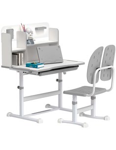 AIYAPLAY Height Adjustable Kids Desk and Chair Set, Children School Study Desk with Tiltable Desktop, Reading Rack, Grey 312-123
