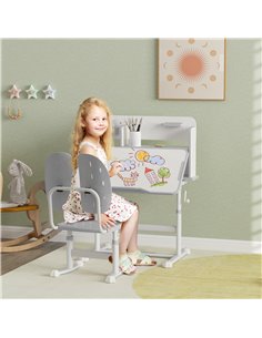 AIYAPLAY Height Adjustable Kids Desk and Chair Set, Children School Study Desk with Tiltable Desktop, Reading Rack, Grey 312-123 2