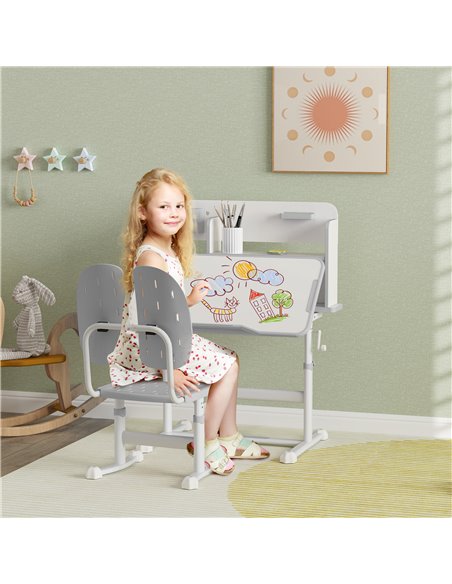AIYAPLAY Height Adjustable Kids Desk and Chair Set, Children School Study Desk with Tiltable Desktop, Reading Rack, Grey 312-123 - pic 99588 | FastDaddyshop